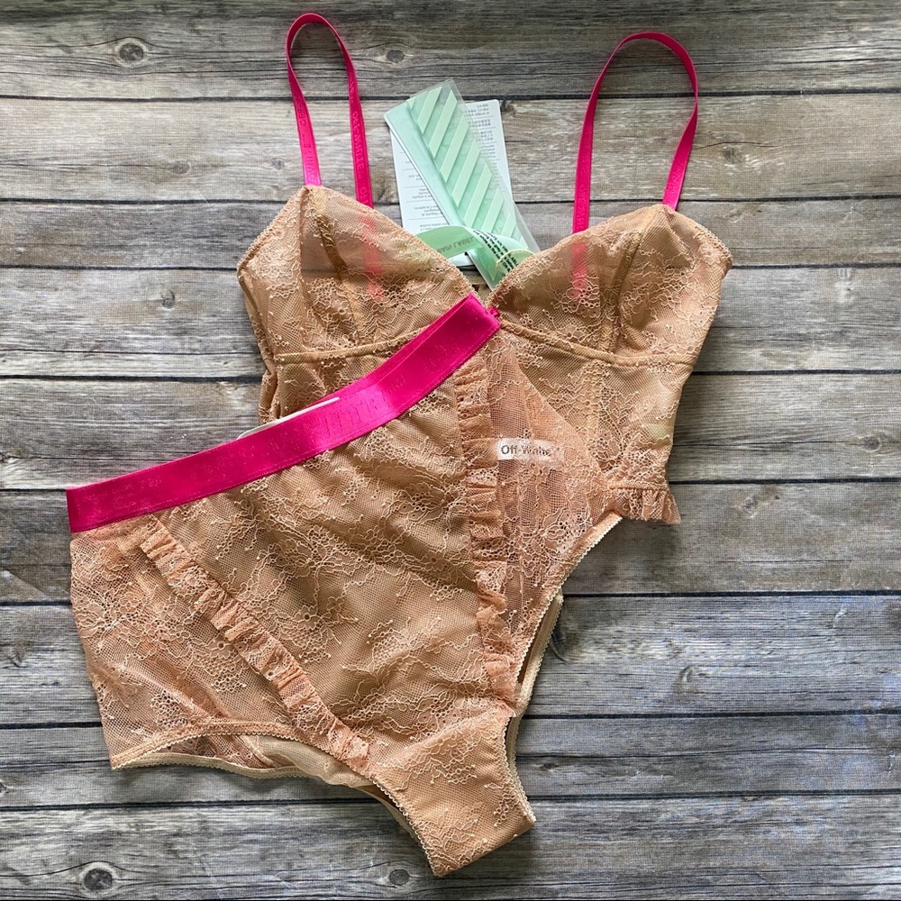 Off-White Lace Bra and Panty Set in Tan and Pink